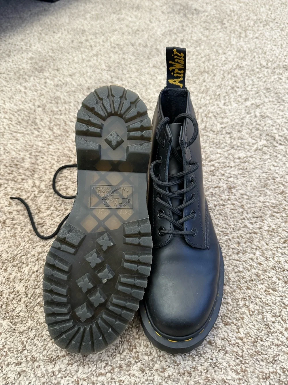 Dr. Martens Black Leather 6-Eye Lace-Up Boots with Yellow Stitching